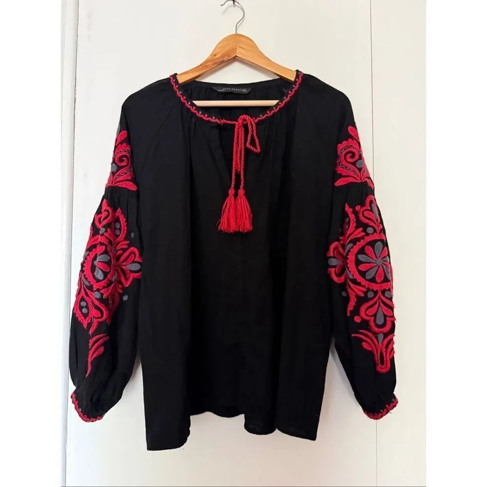 Zara Woman Black Red Embroidered Boho Peasant Blouse Size S